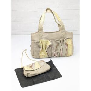 Chi by Falchi Beige & Yellow Embossed Leather Shoulder Bag & Matching Mini Bag